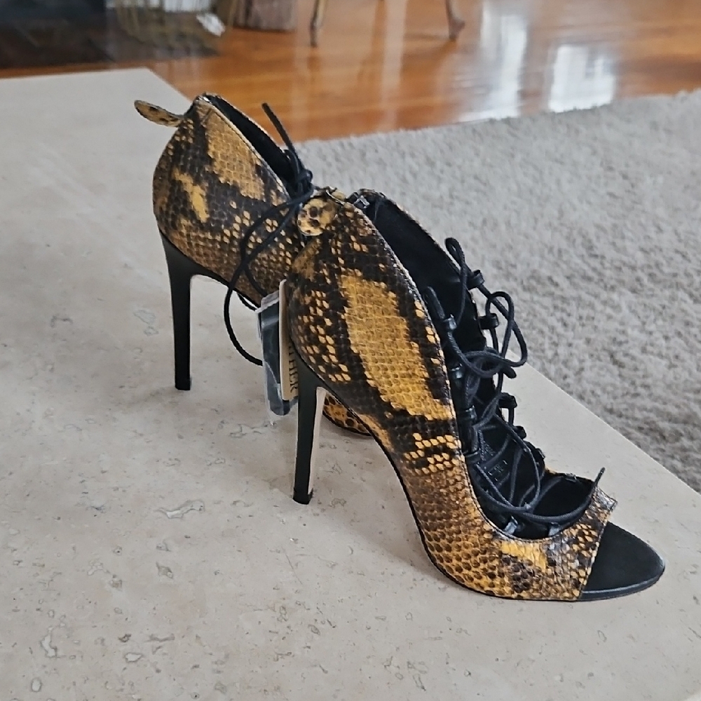 ZARA Women's Snake Print Lace-Up Heels - Black and Brown